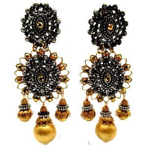 LAWRENCE VRBA 4.5" Two Toned Filigree Dangling Bead Clip Earrings